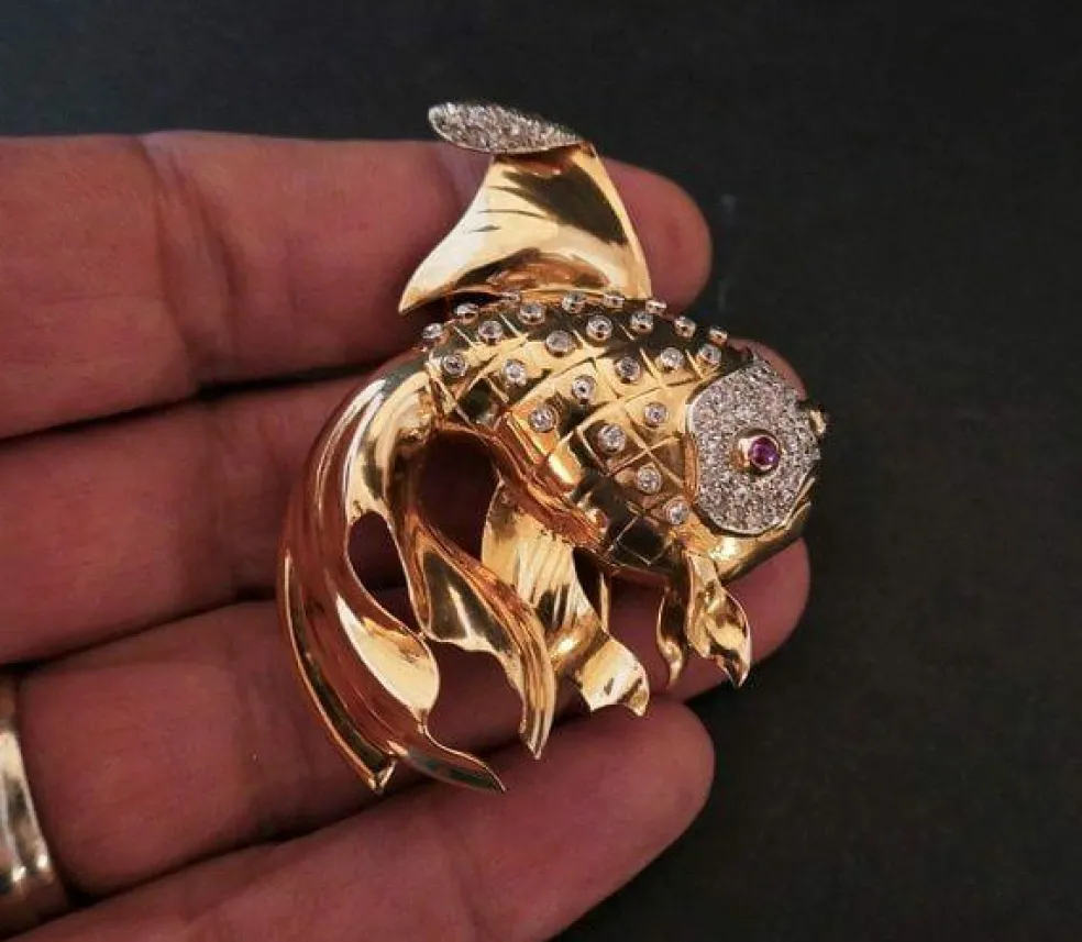 Broche Poisson Rubis Et Diamants, Platine et Or Jaune 18 Carats