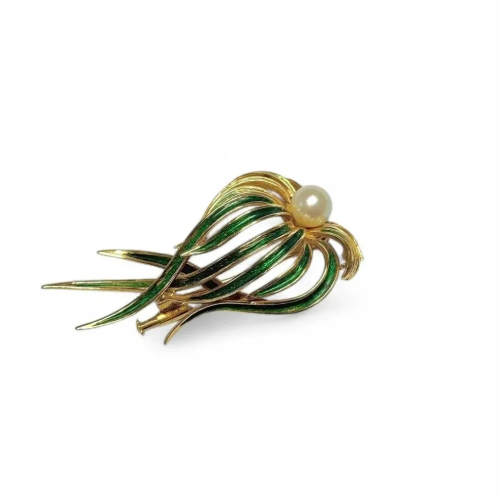Broche « posidonie » or émaillé vert