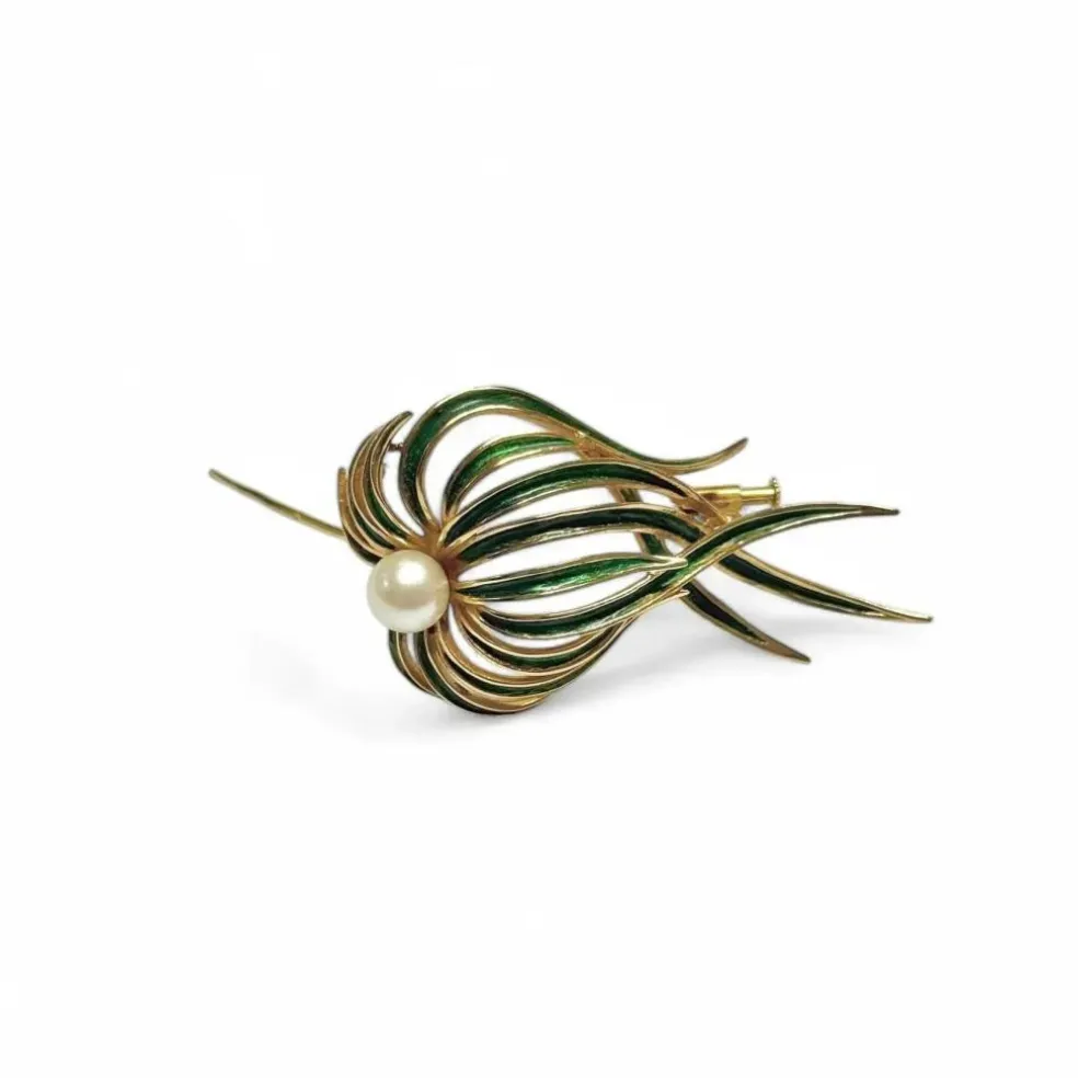 Broche « posidonie » or émaillé vert
