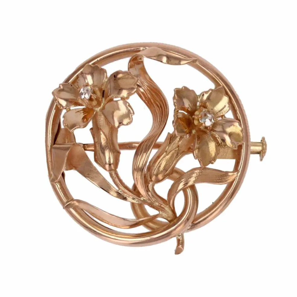 Broche ronde ancienne fleurs