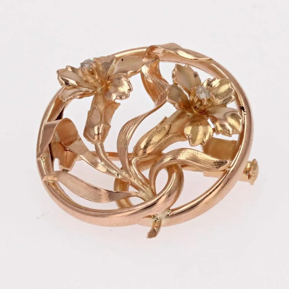 Broche ronde ancienne fleurs