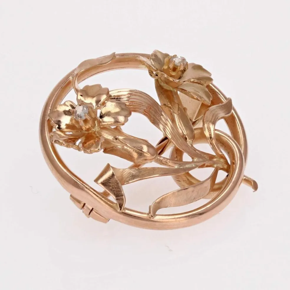 Broche ronde ancienne fleurs
