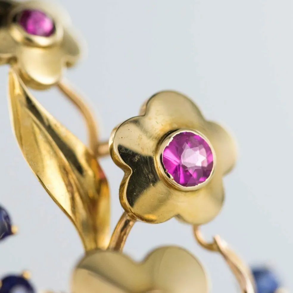 Broche rétro bouquet or et pierres précieuses