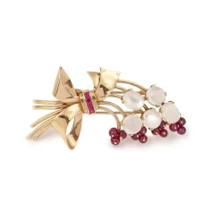 Broche Rétro Bouquet pierres de lune et pierres rouges