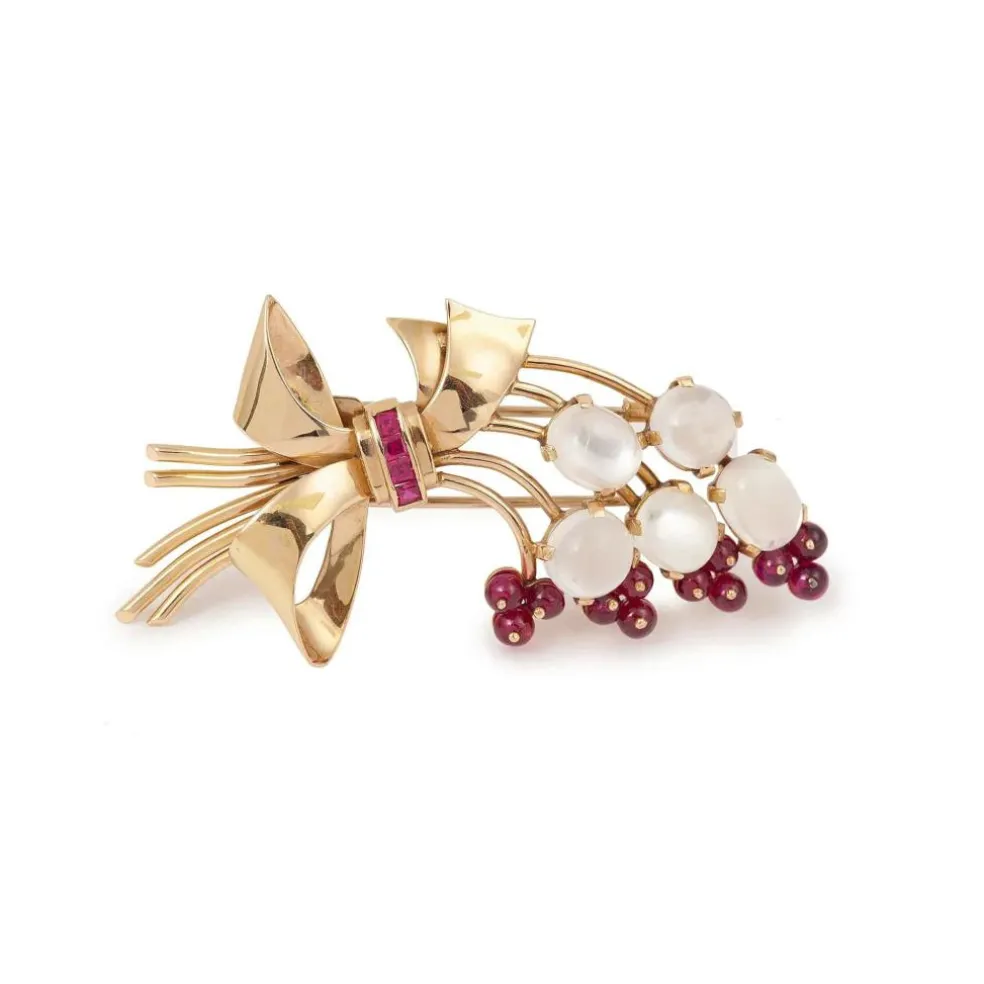 Broche Rétro Bouquet pierres de lune et pierres rouges