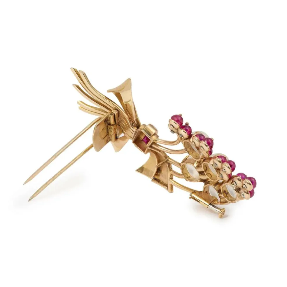 Broche Rétro Bouquet pierres de lune et pierres rouges