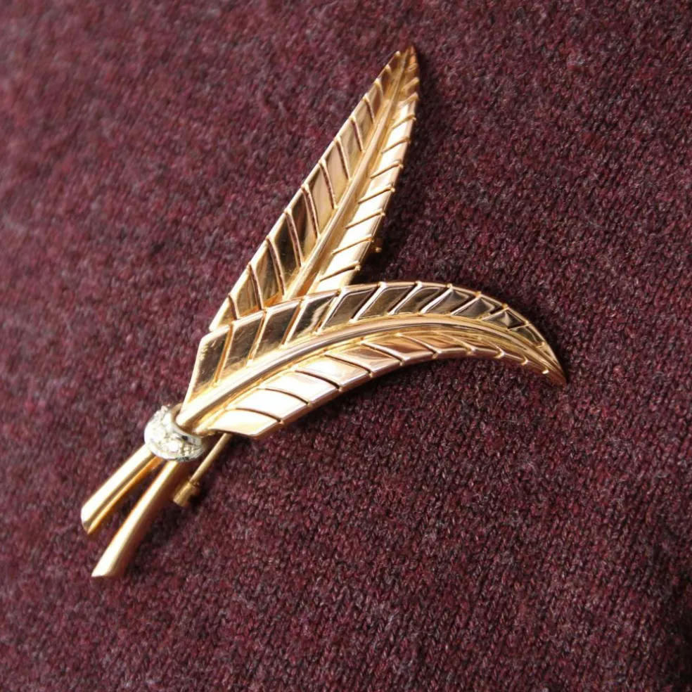 Broche rétro feuilles de fougère diamants