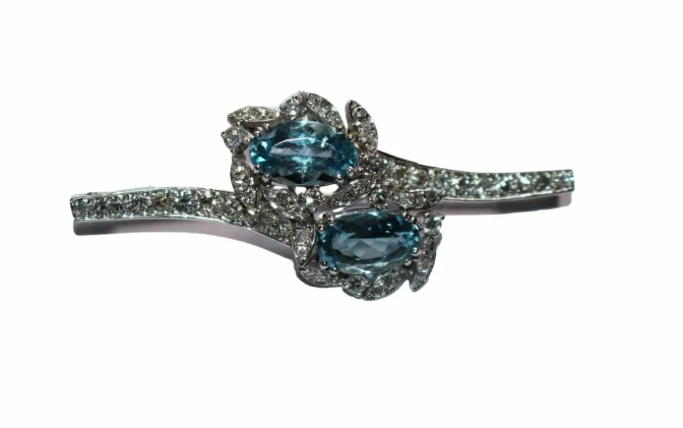 Broche rétro or gris, aigues-marines, diamants