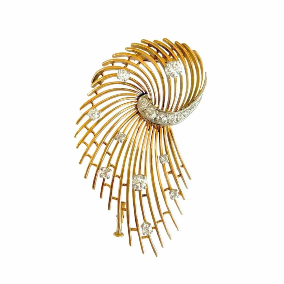 Broche Rétro Volute 1.30 Carats Diamants Or Jaune 18 Carats