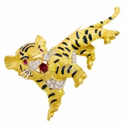 Broche Sanz, "Tigre", or jaune, diamants, rubis, émail.