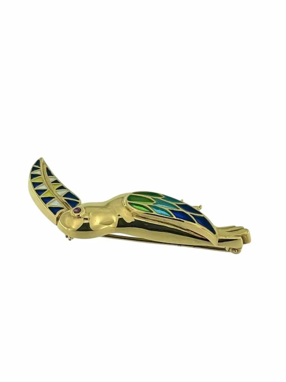 Broche toucan vintage en or jaune avec émail et rubis