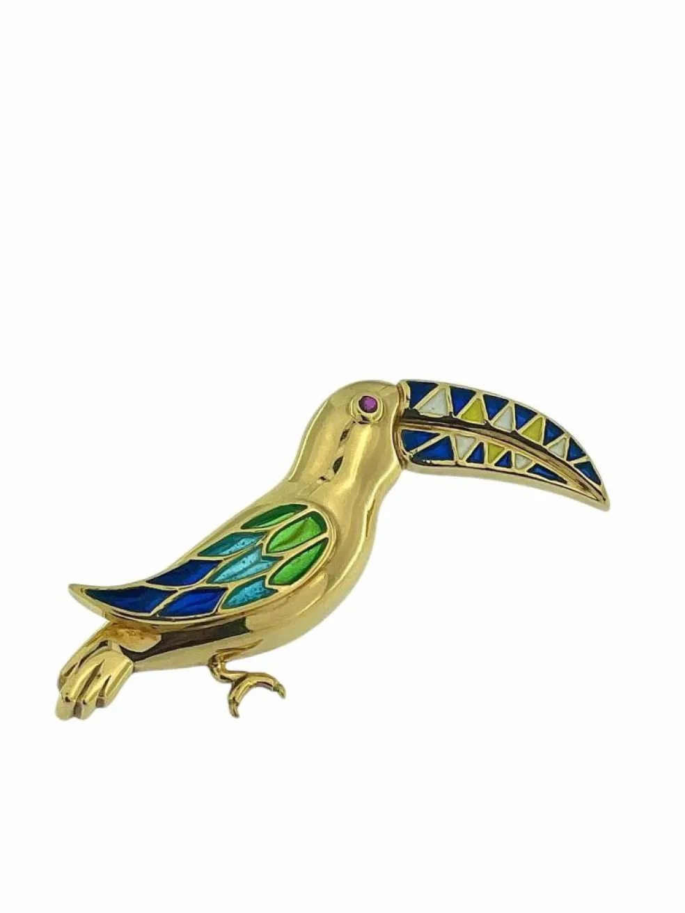 Broche toucan vintage en or jaune avec émail et rubis