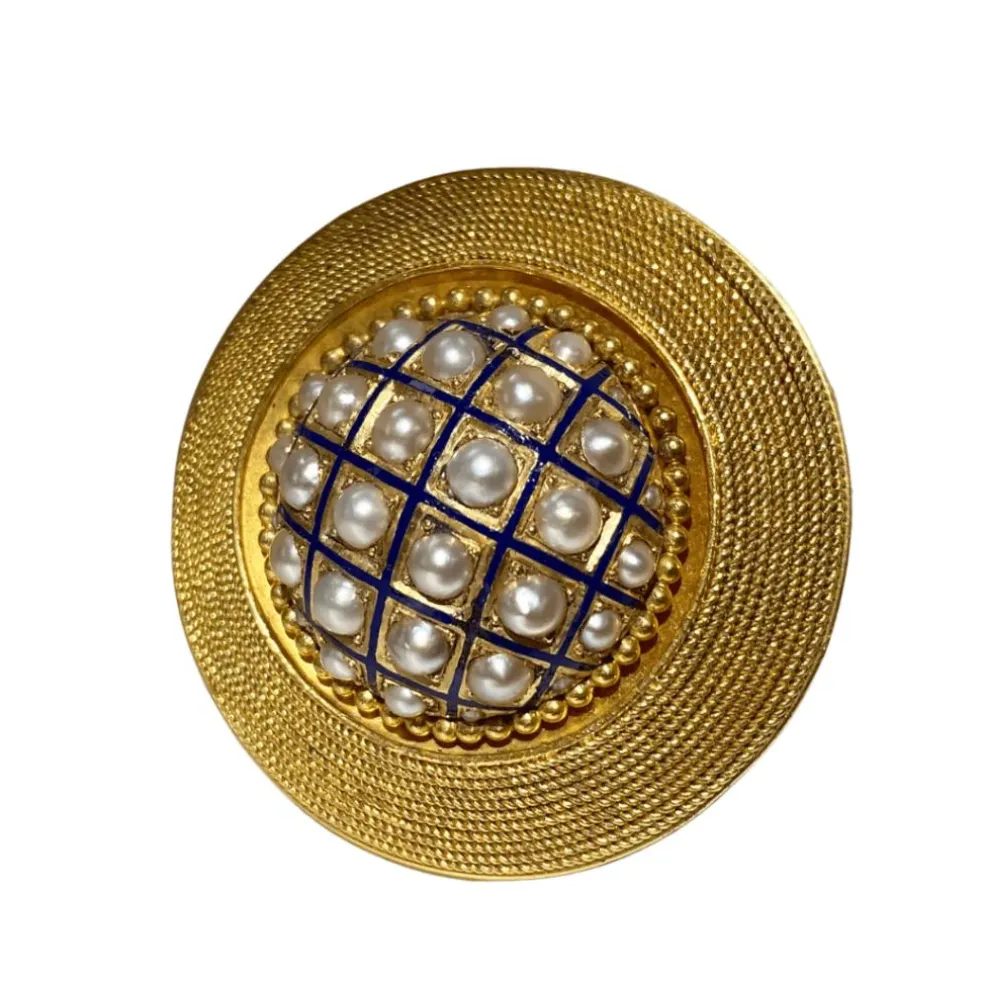Broche victorienne antique en perles naturelles, émail bleu et or jaune