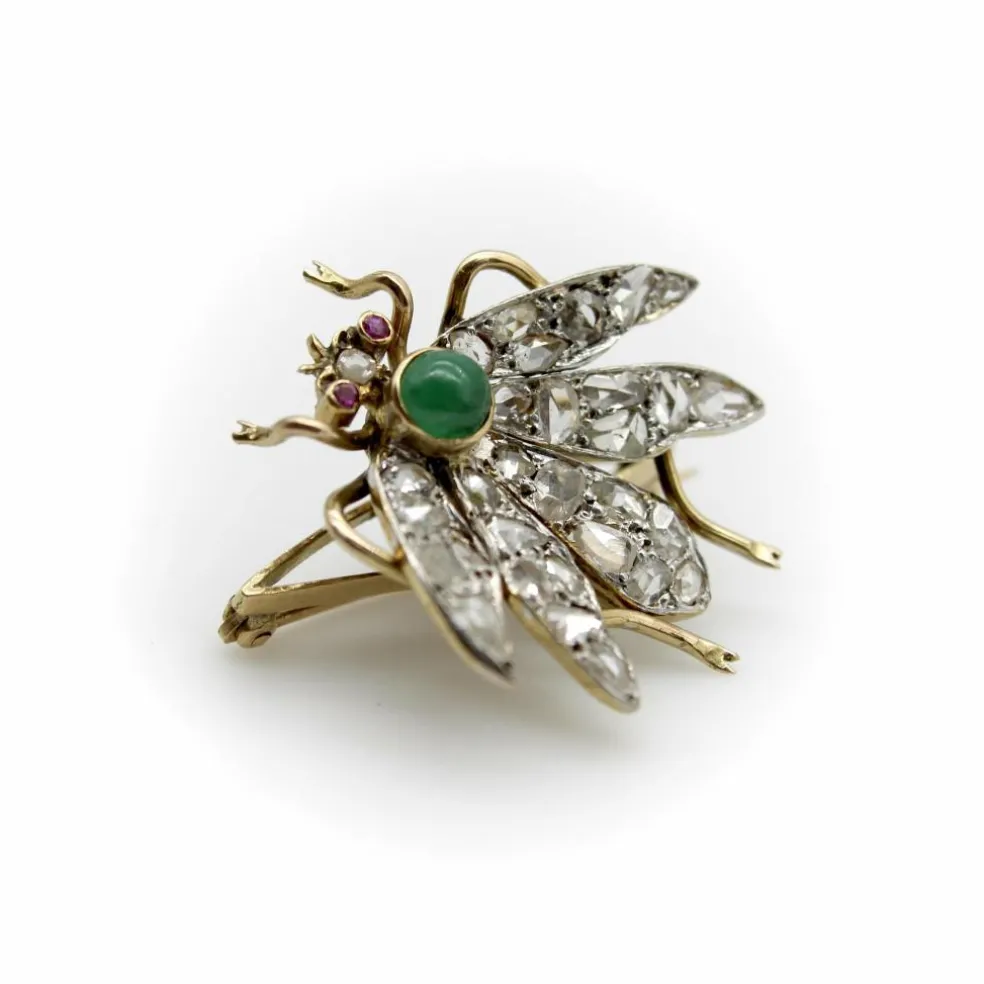 Broche victorienne en or avec diamants taille rose et insecte tremblant