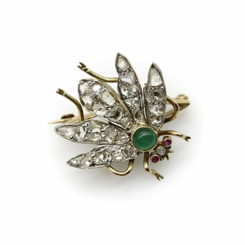 Broche victorienne en or avec diamants taille rose et insecte tremblant