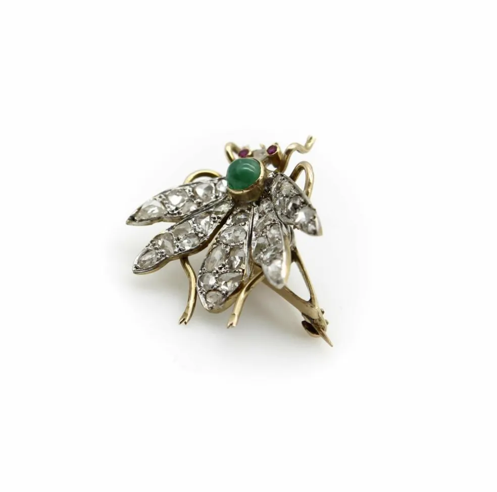 Broche victorienne en or avec diamants taille rose et insecte tremblant