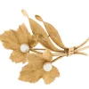 Broche Vineyard feuille en or jaune avec perles