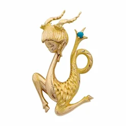 Broche vintage "Capricorne", or jaune, turquoise.
