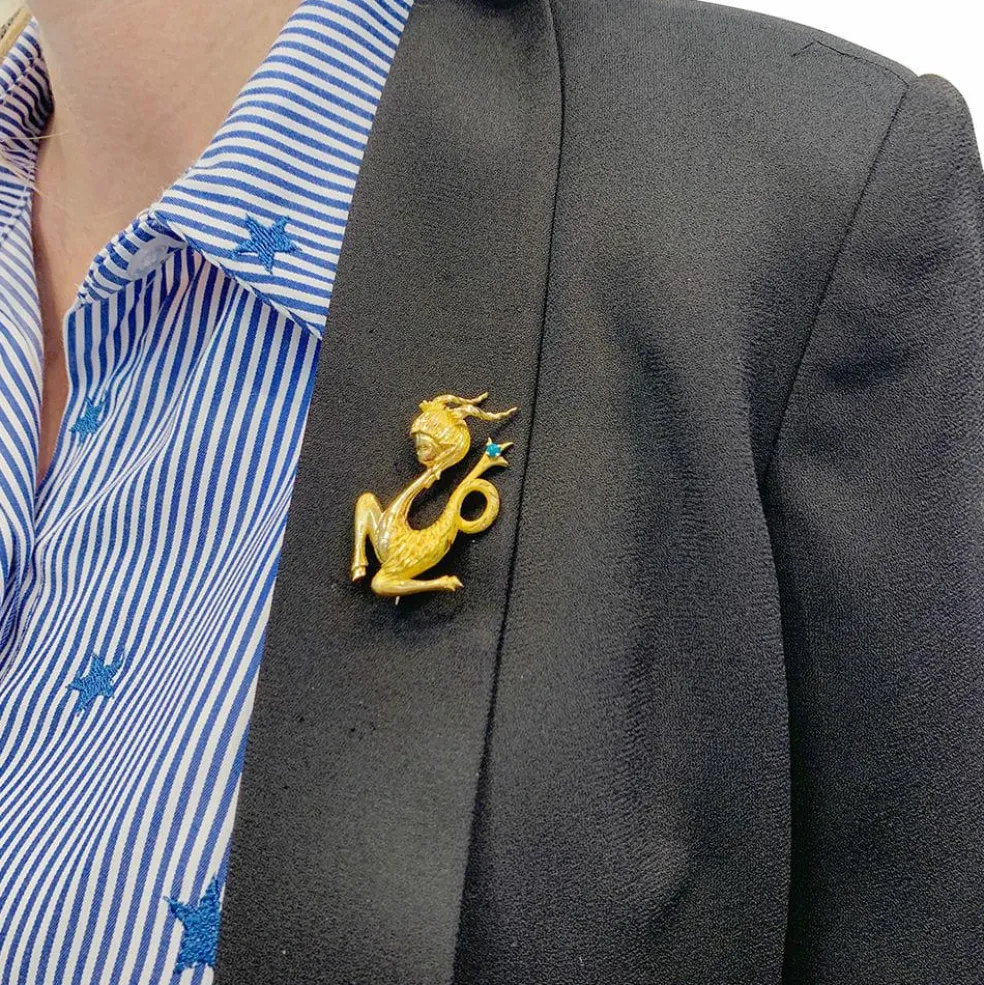 Broche vintage "Capricorne", or jaune, turquoise.