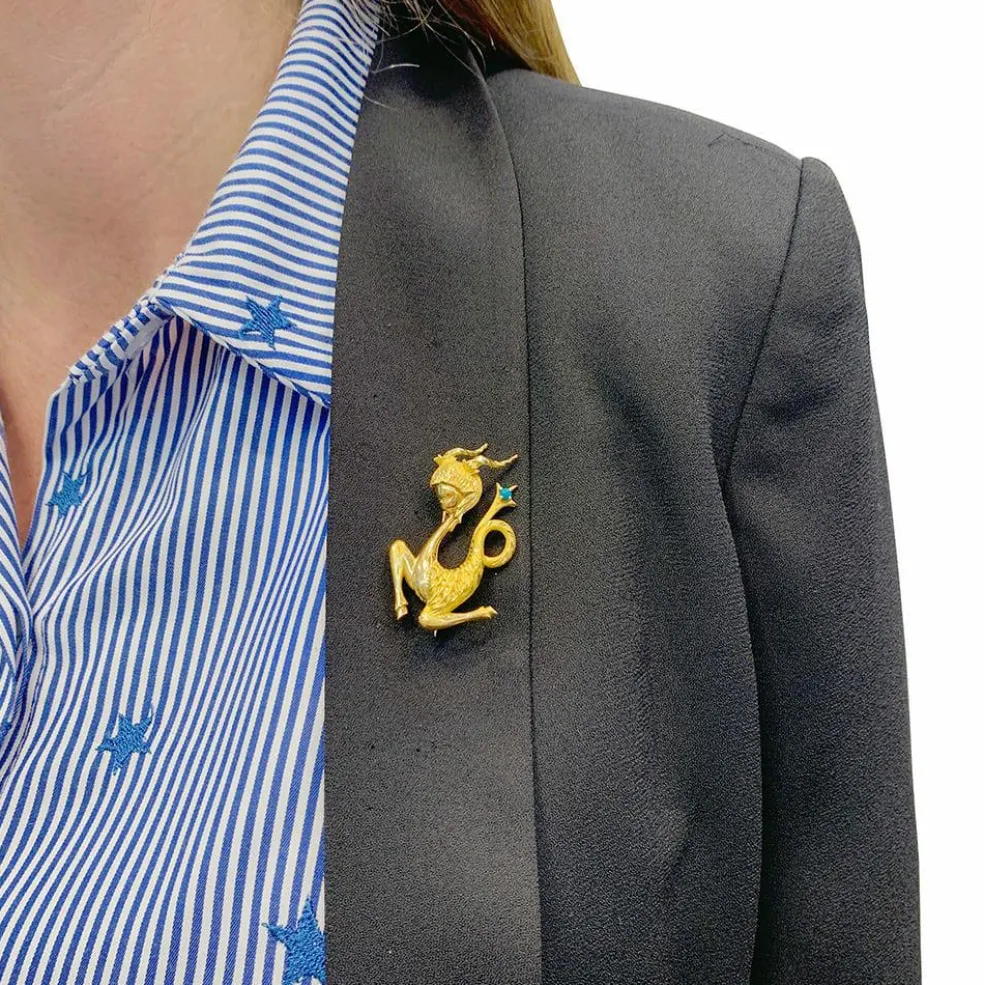 Broche vintage "Capricorne", or jaune, turquoise.