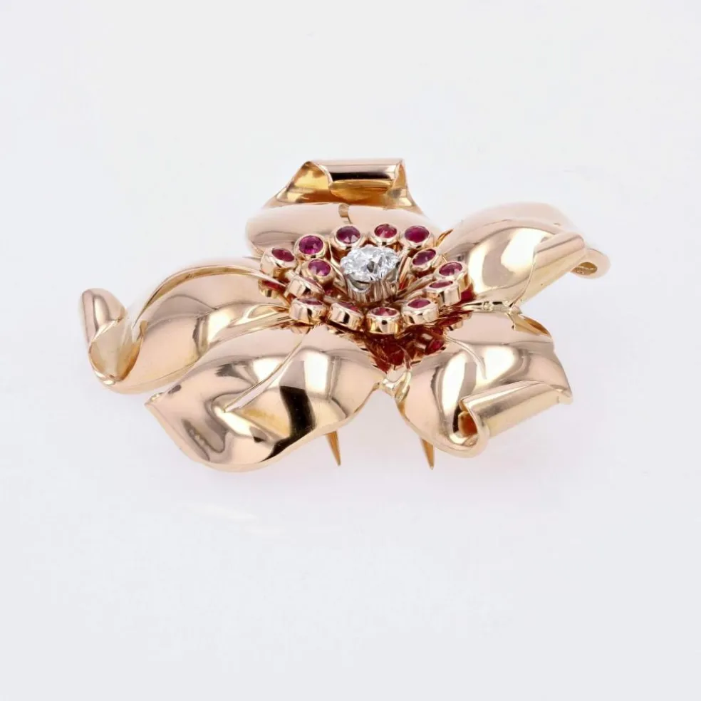 Broche vintage clip fleur diamants rubis