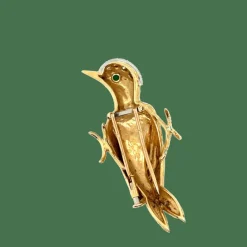 Broche vintage en or jaune Oiseau - émeraude et de diamants