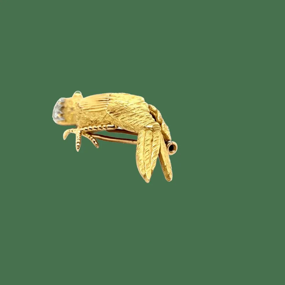 Broche vintage en or jaune Oiseau - émeraude et de diamants