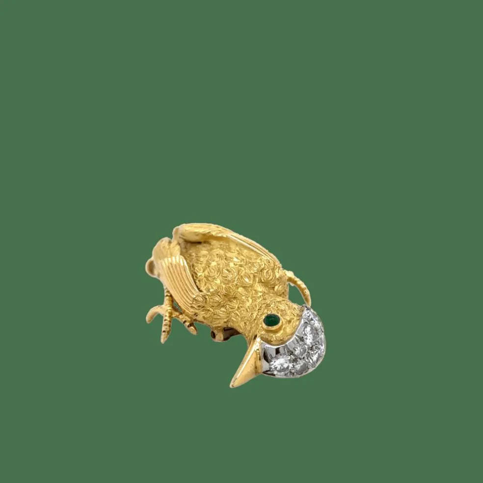 Broche vintage en or jaune Oiseau - émeraude et de diamants