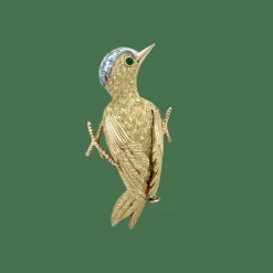 Broche vintage en or jaune Oiseau - émeraude et de diamants