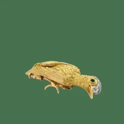 Broche vintage en or jaune Oiseau - émeraude et de diamants