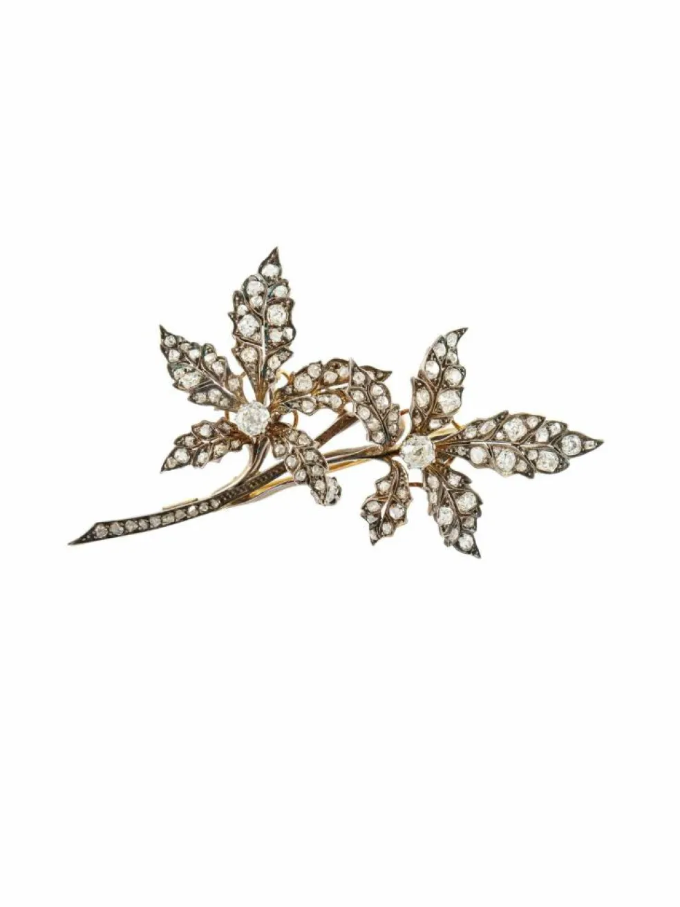 Broche Vintage "Feuille" Or, Vermeil & Diamants