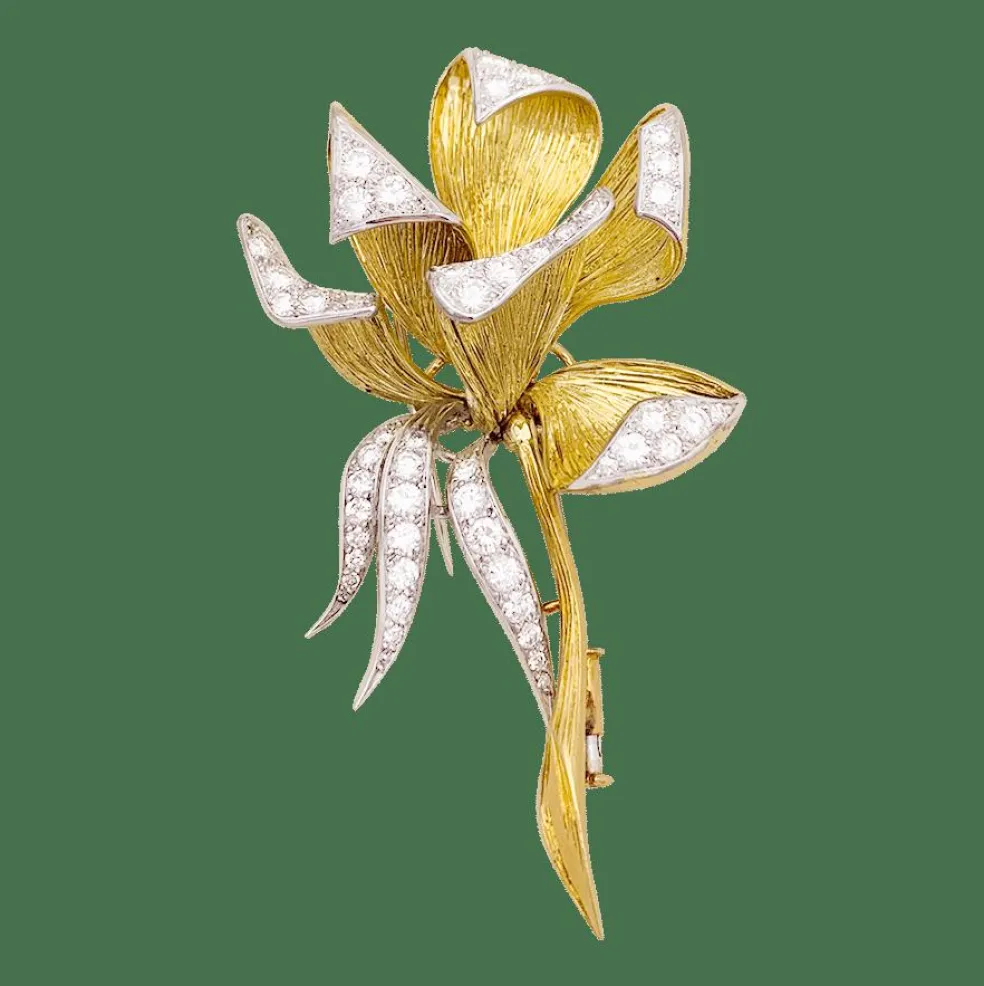Broche vintage, "Iris", or jaune, platine, diamants.