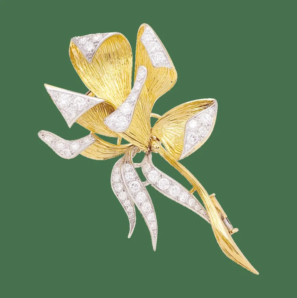 Broche vintage, "Iris", or jaune, platine, diamants.