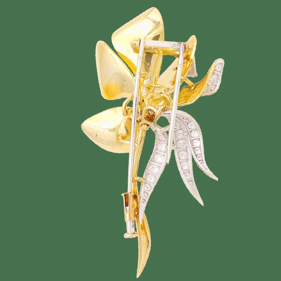 Broche vintage, "Iris", or jaune, platine, diamants.