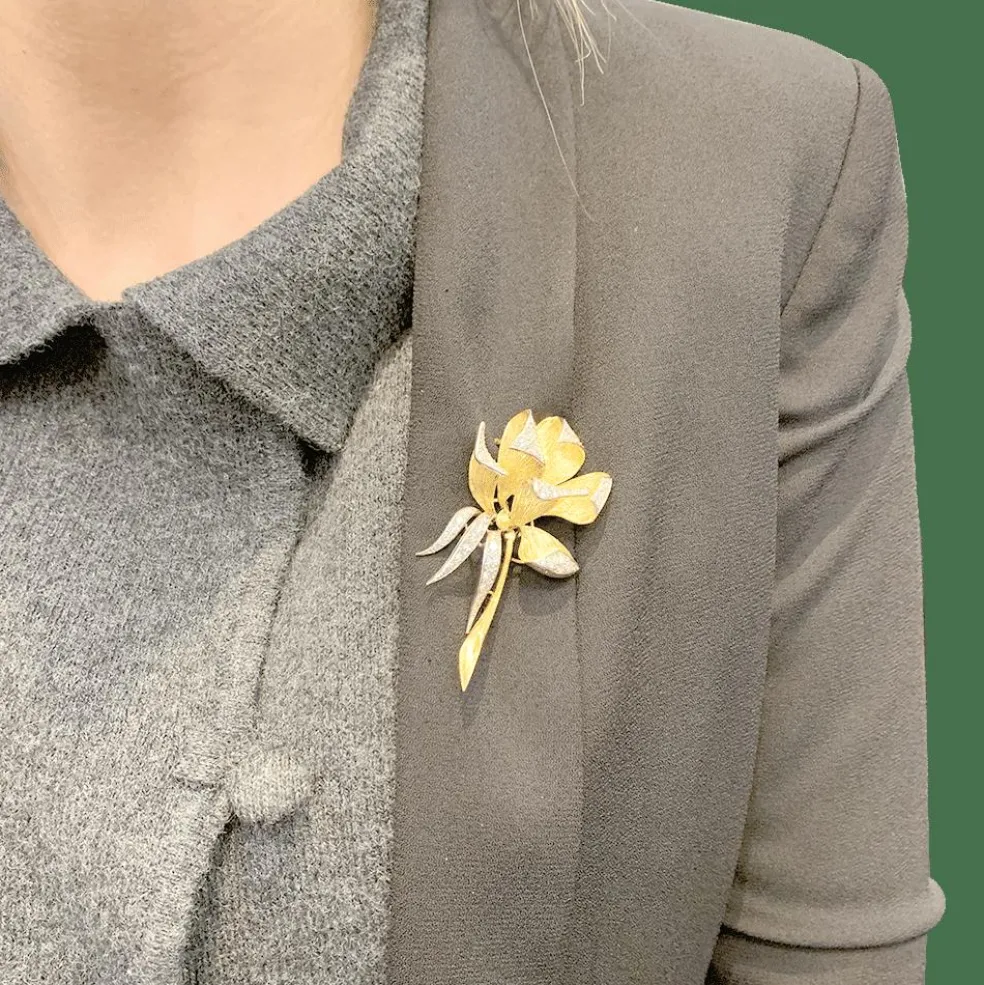 Broche vintage, "Iris", or jaune, platine, diamants.