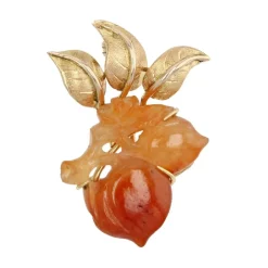 Broche vintage jade orange et or