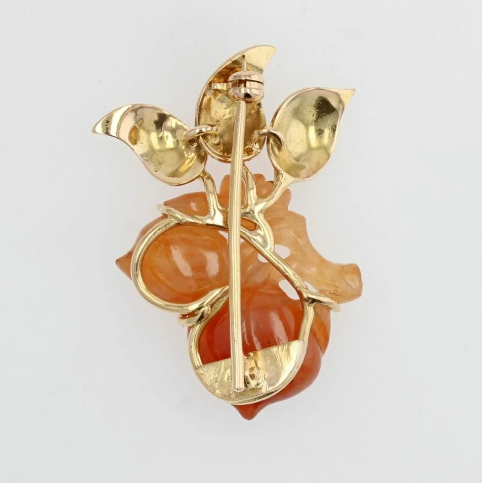Broche vintage jade orange et or