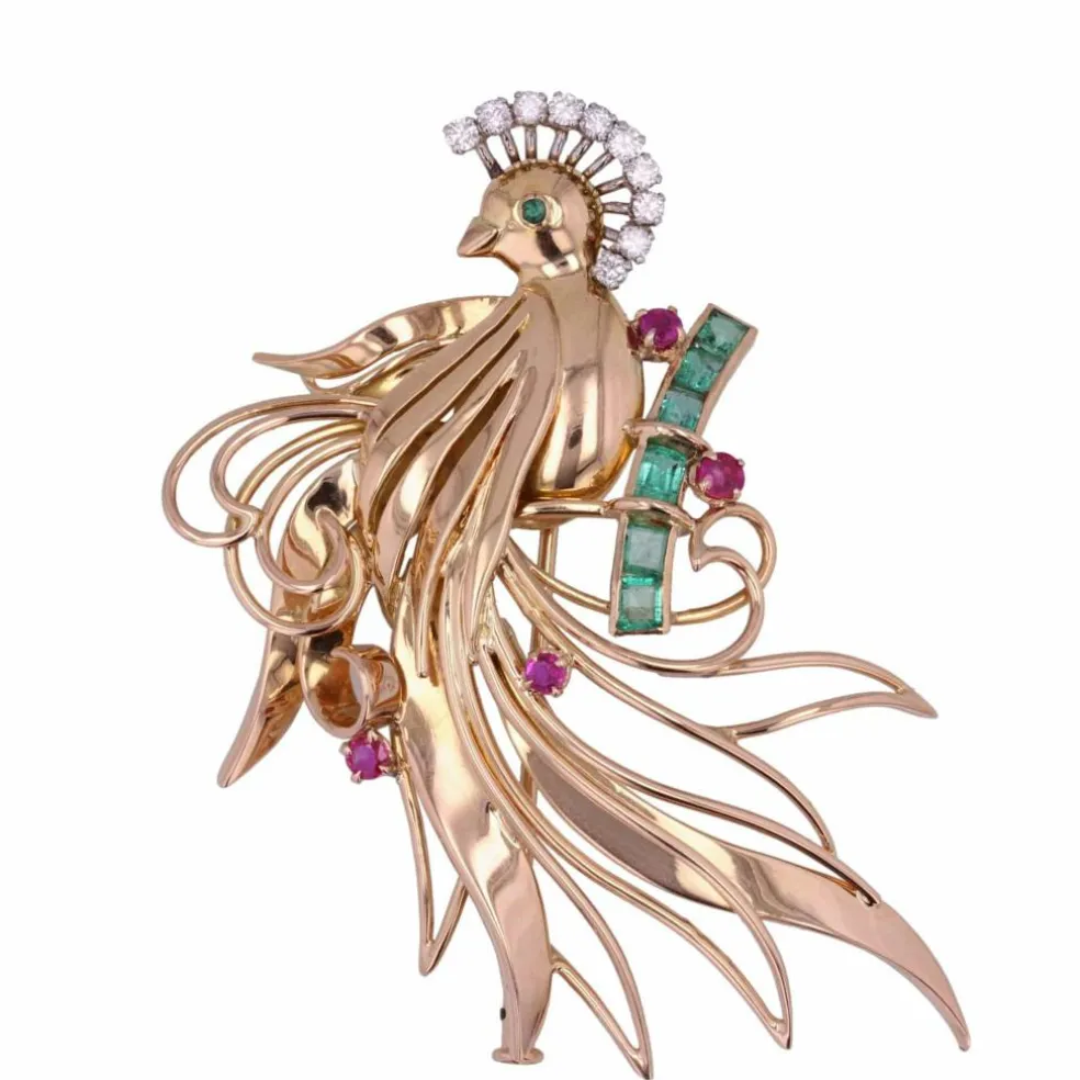 Broche vintage oiseau de paradis diamants émeraudes rubis