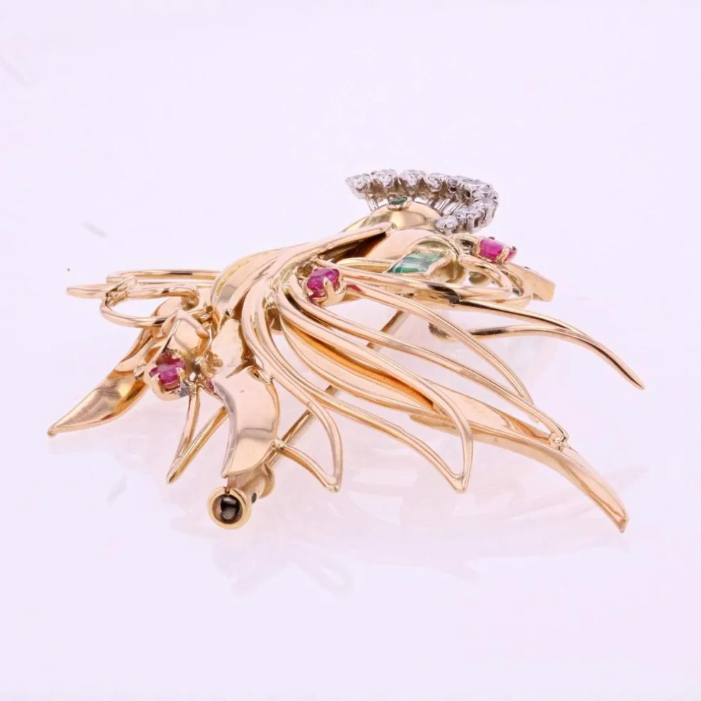 Broche vintage oiseau de paradis diamants émeraudes rubis