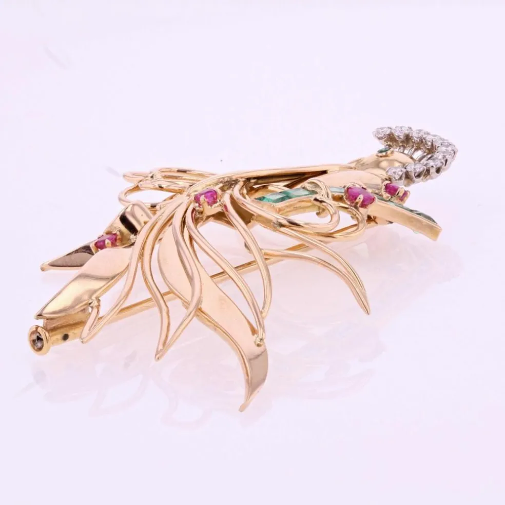 Broche vintage oiseau de paradis diamants émeraudes rubis