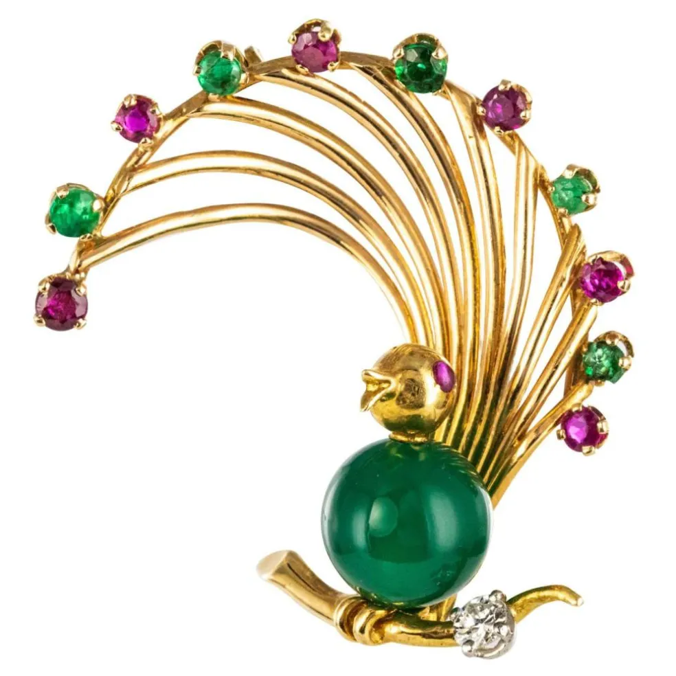 Broche vintage oiseau rubis émeraude chrysoprase et diamant