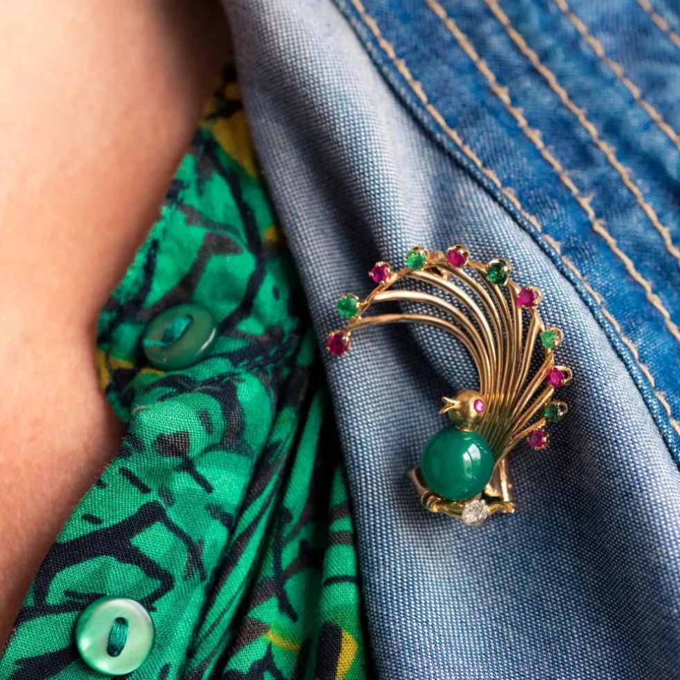 Broche vintage oiseau rubis émeraude chrysoprase et diamant