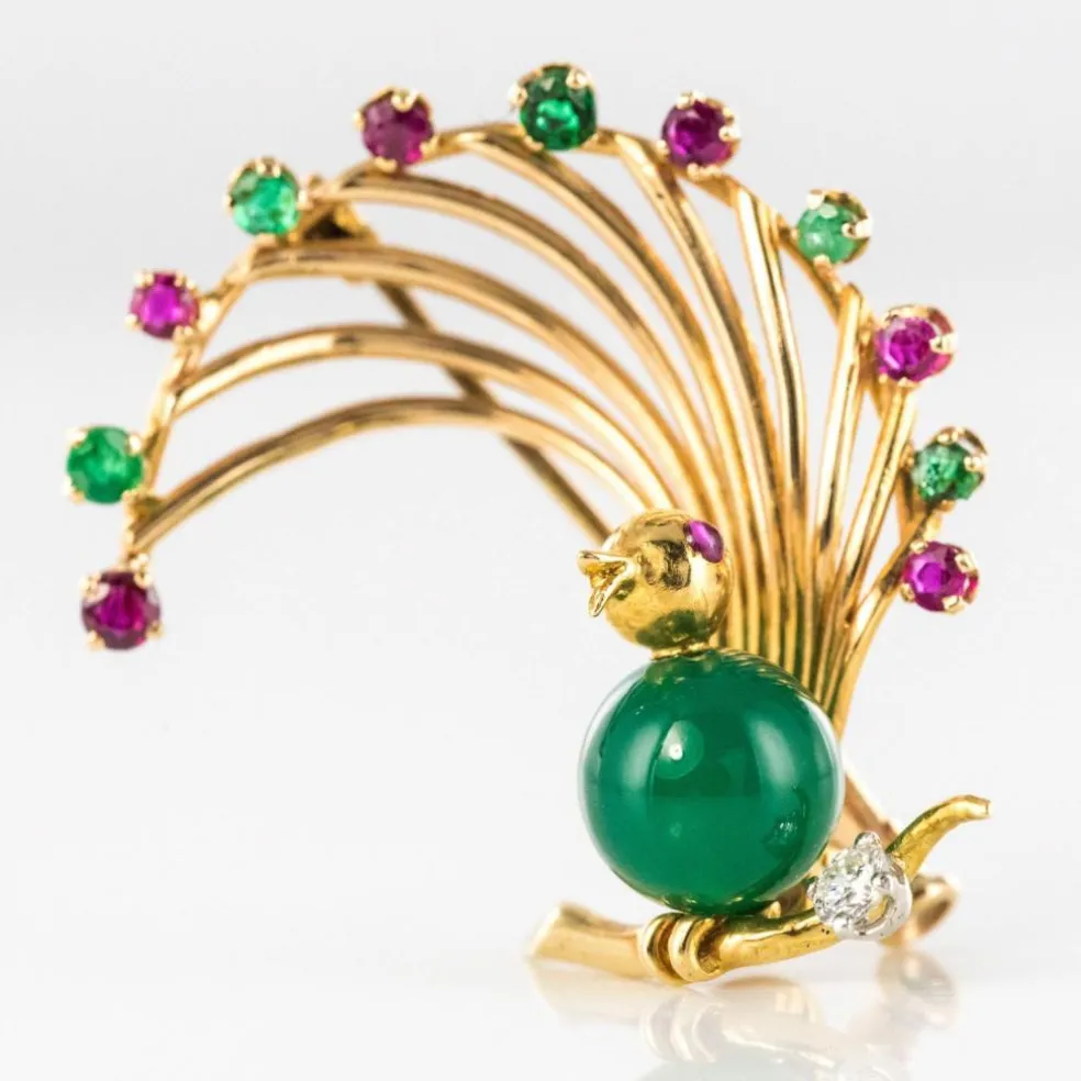 Broche vintage oiseau rubis émeraude chrysoprase et diamant