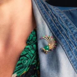 Broche vintage oiseau rubis émeraude chrysoprase et diamant