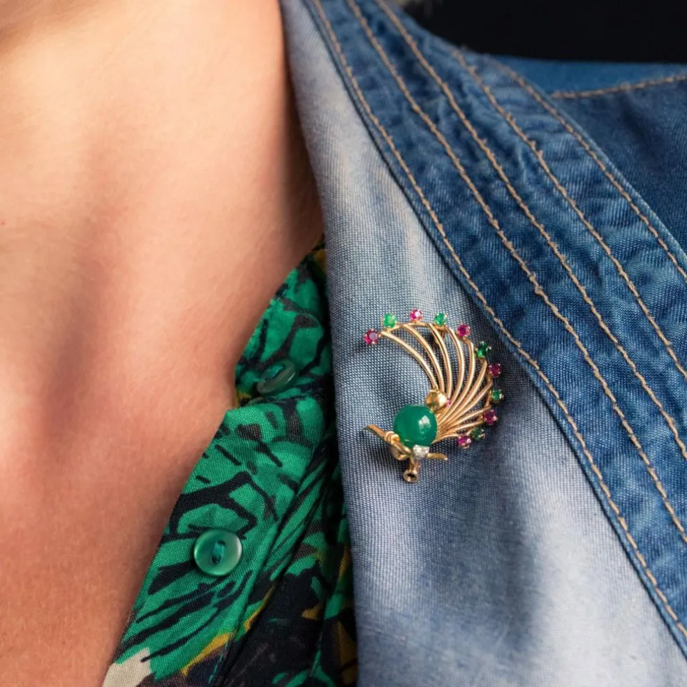 Broche vintage oiseau rubis émeraude chrysoprase et diamant