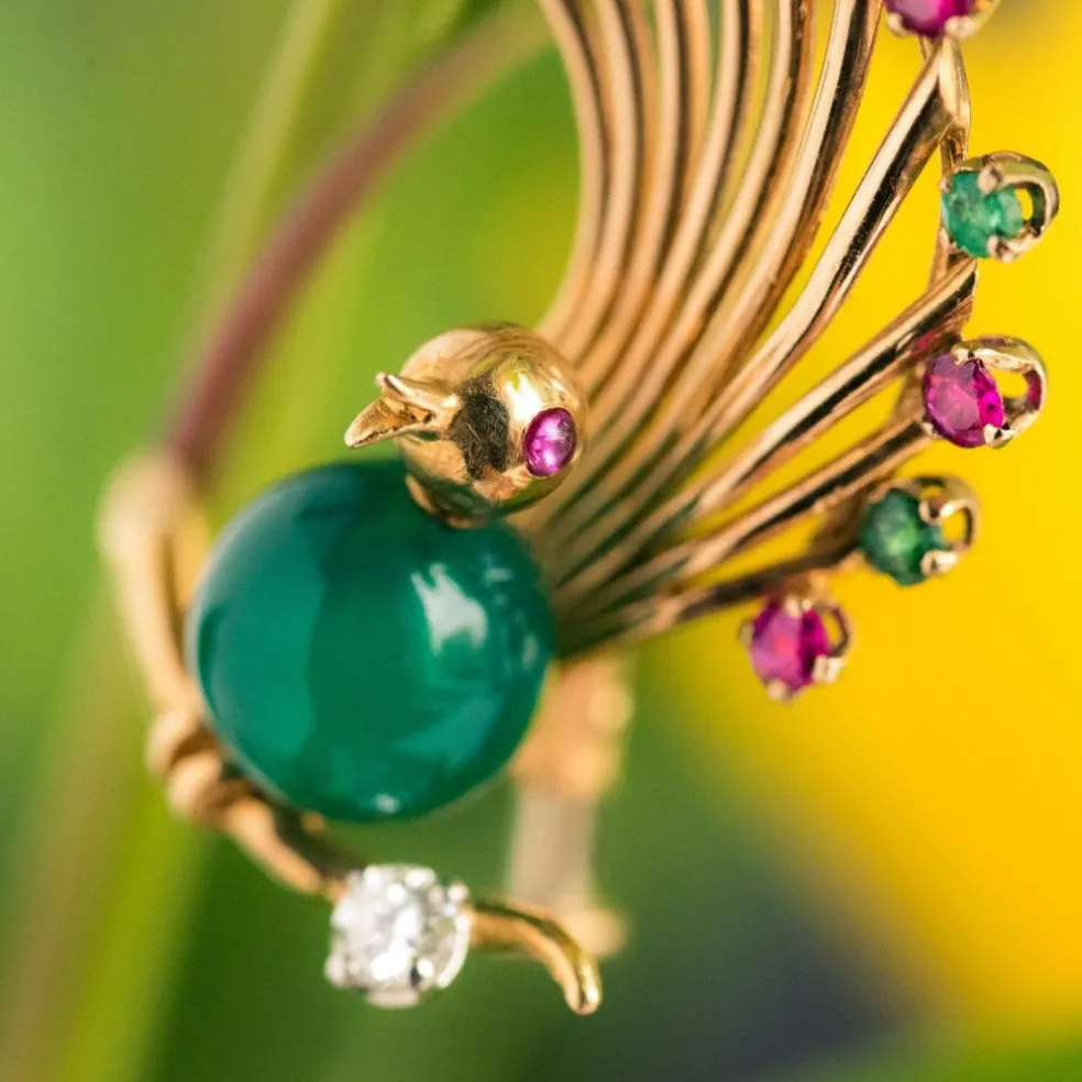 Broche vintage oiseau rubis émeraude chrysoprase et diamant
