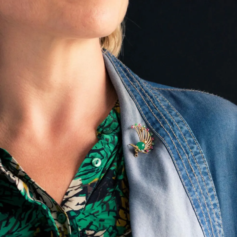 Broche vintage oiseau rubis émeraude chrysoprase et diamant