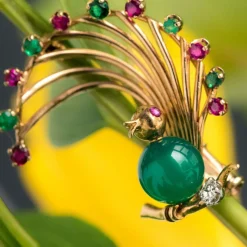 Broche vintage oiseau rubis émeraude chrysoprase et diamant