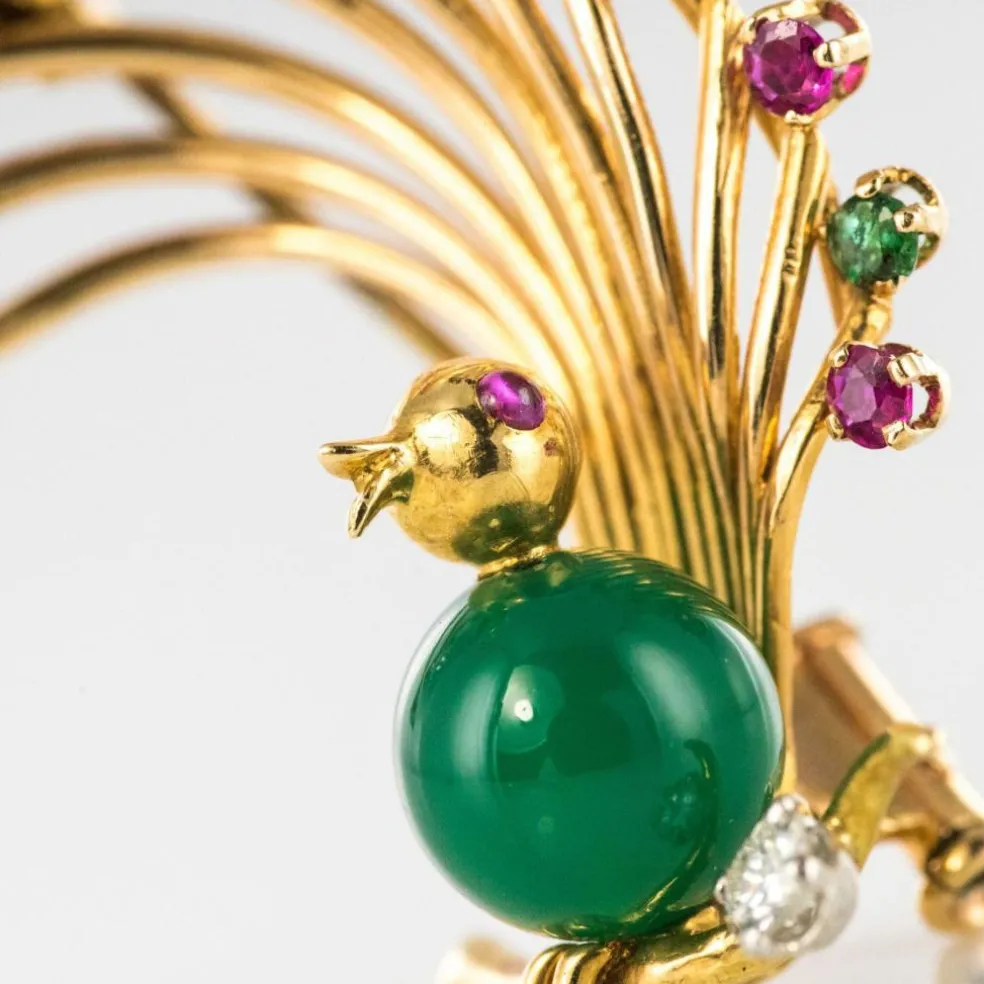 Broche vintage oiseau rubis émeraude chrysoprase et diamant