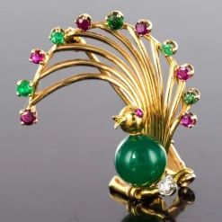 Broche vintage oiseau rubis émeraude chrysoprase et diamant